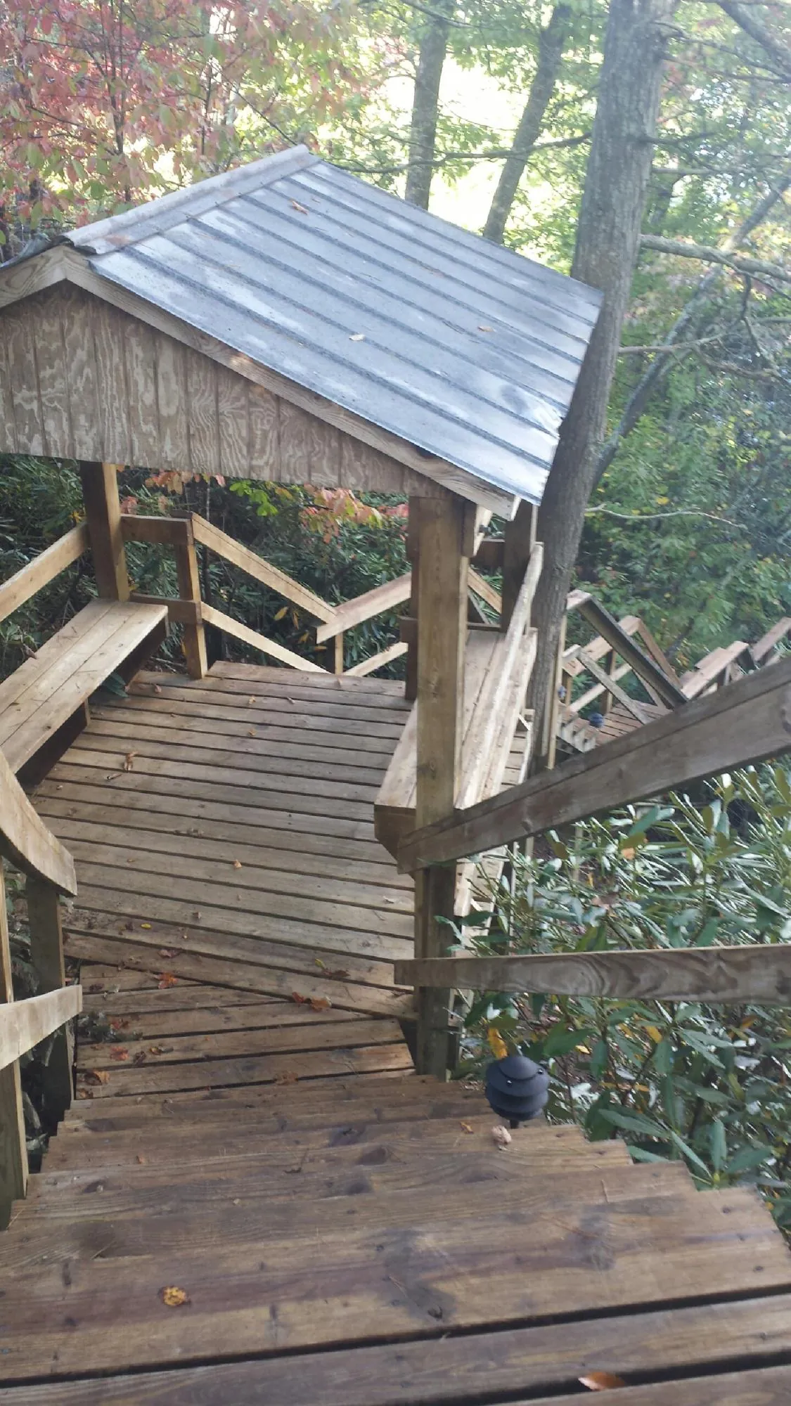 Metal roofed shelter over wooden steps on a wooded walkway — Skylight Repair & Installation work by our crew in Dickerson Run